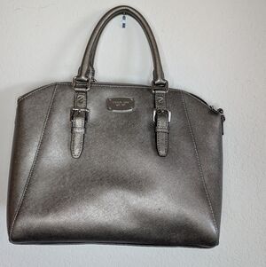 New Michael Kors Cindy Large Dome Satchel Metallic Pewter Saffiano Leather Bag